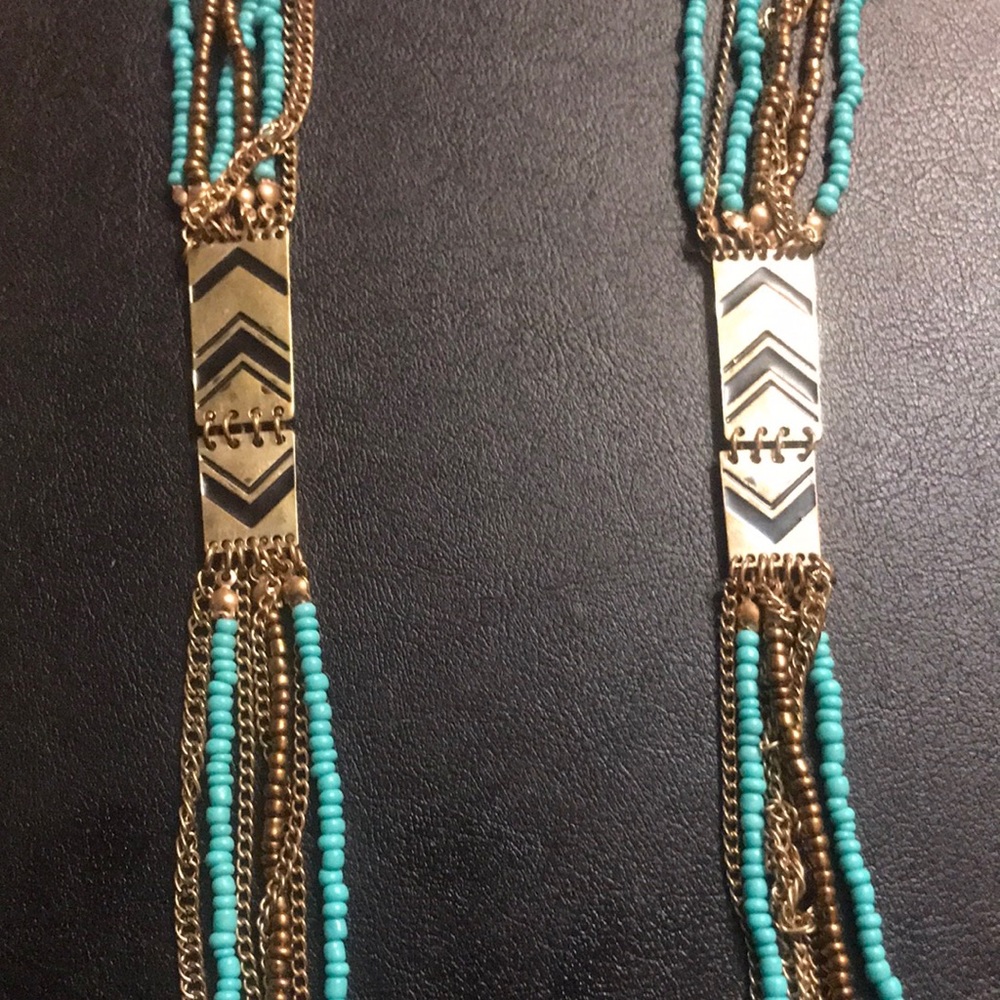 Turquoise & Gold micro beads with metal accent necklace 32 inch